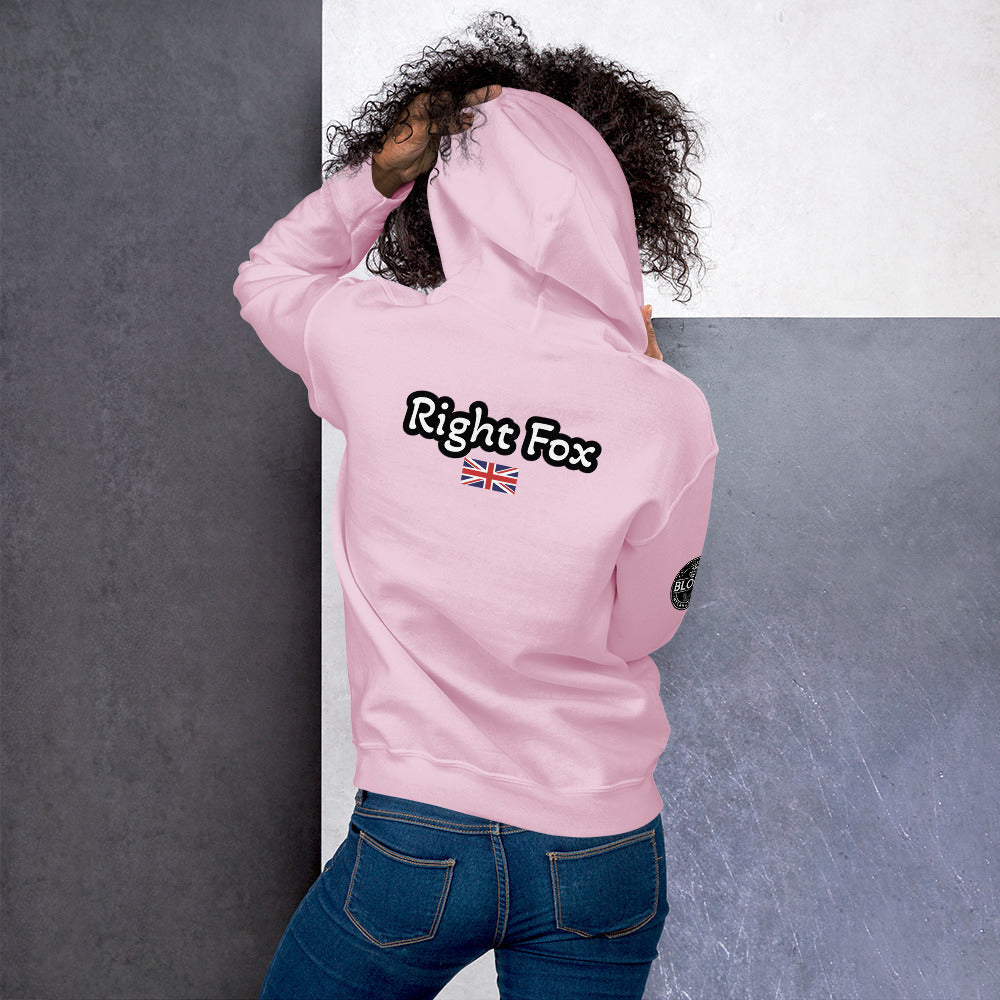 Woman in pink hoodie with Right Fox logo and UK flag on the back